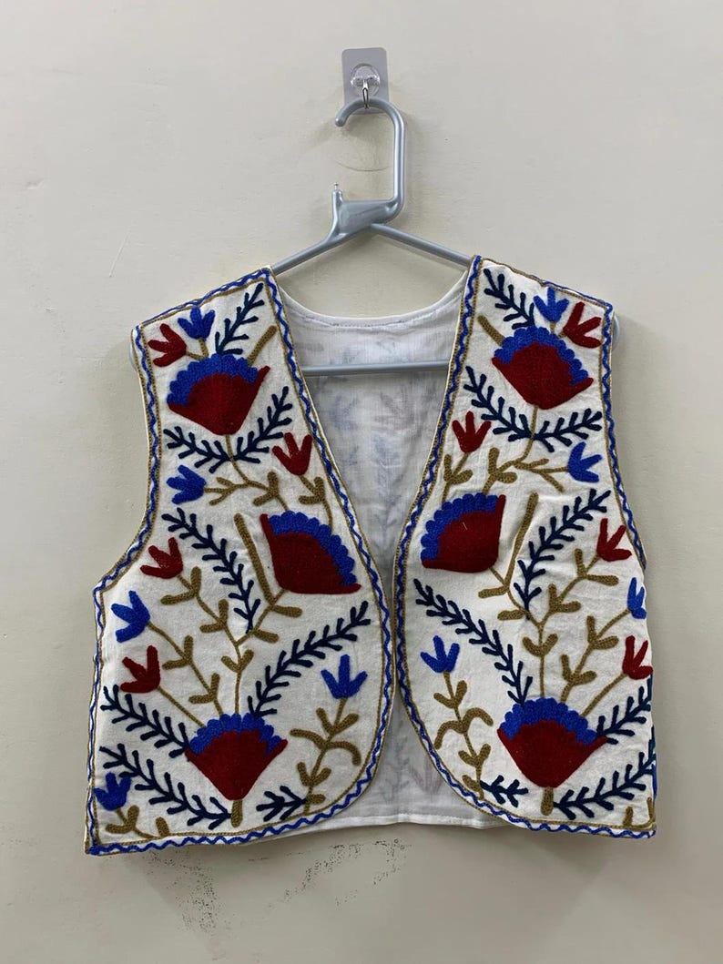 Suzani Embroidered Velvet Vest: Boho Floral Waistcoat, Cotton Lined Jacket Bohozani