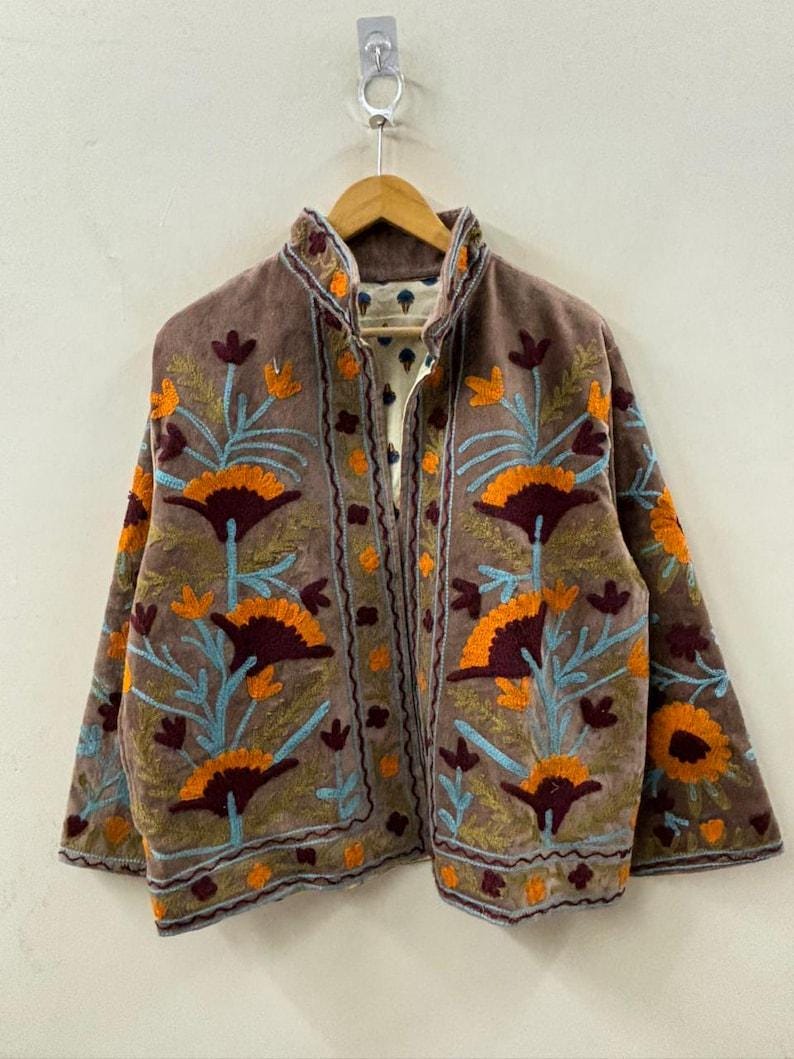 Velvet Suzani Embroidered Kimono Jacket | Uzbek Artisan Coat Bohozani