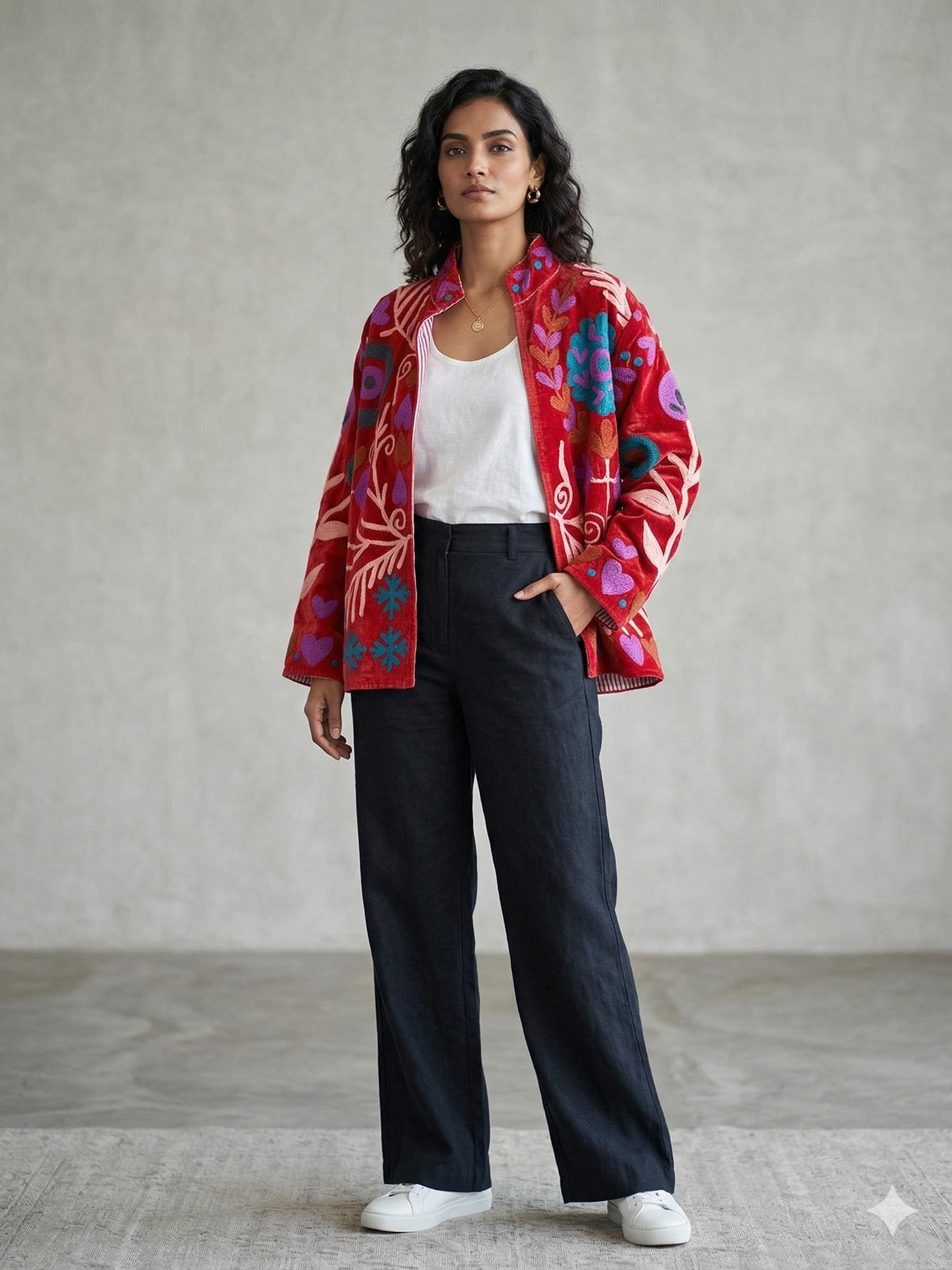 Unique Handmade Floral Red Velvet Suzani Embroidered Jacket Bohozani