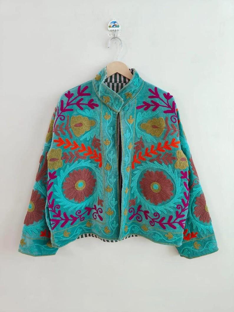 Velvet Suzani Embroidered Jacket | Bohemian Floral Uzbek Outerwear, Cropped Fit Bohozani
