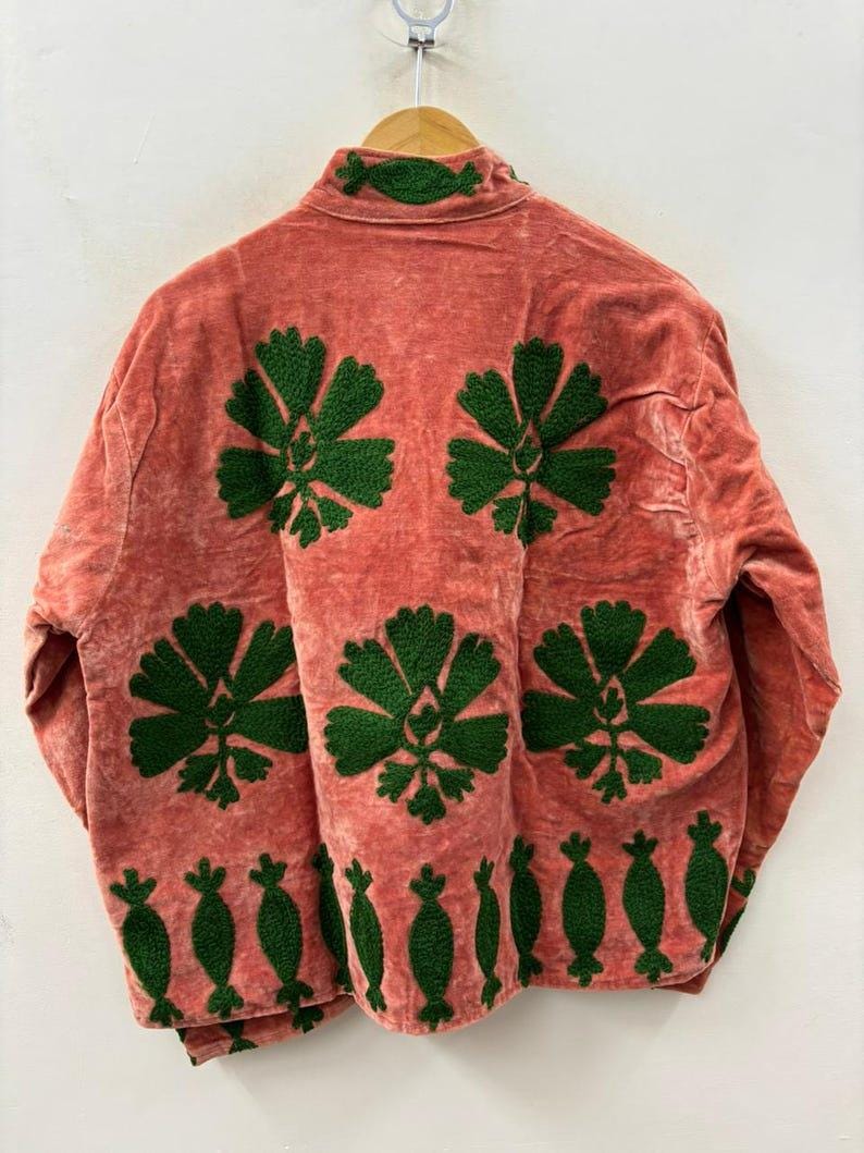 Floral Suzani Velvet Jacket, Hand Embroidered Boho Coat Bohozani