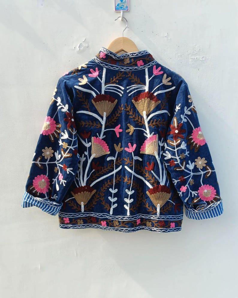Hand-Embroidered Velvet Suzani Jacket, Floral Boho Cropped Outerwear Bohozani