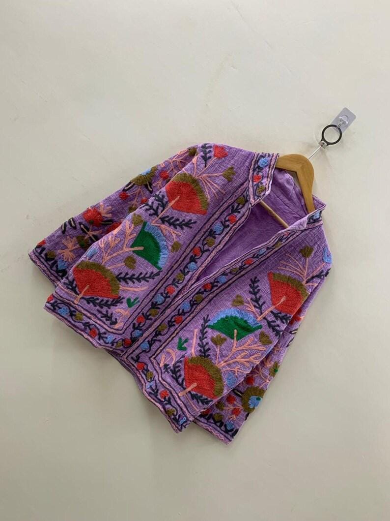 Purple Cotton Velvet Suzani Embroidered Jacket | Floral Folk Art Boho Outerwear Bohozani