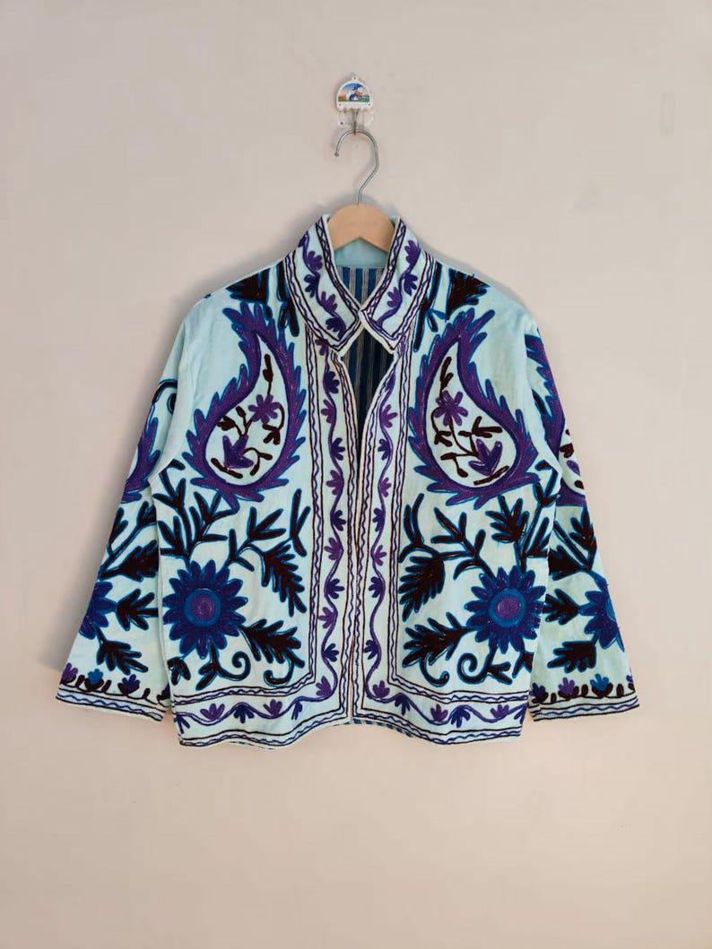 Embroidered Velvet Suzani Jacket | Bohemian Floral Indian Outerwear, Cropped Style Bohozani