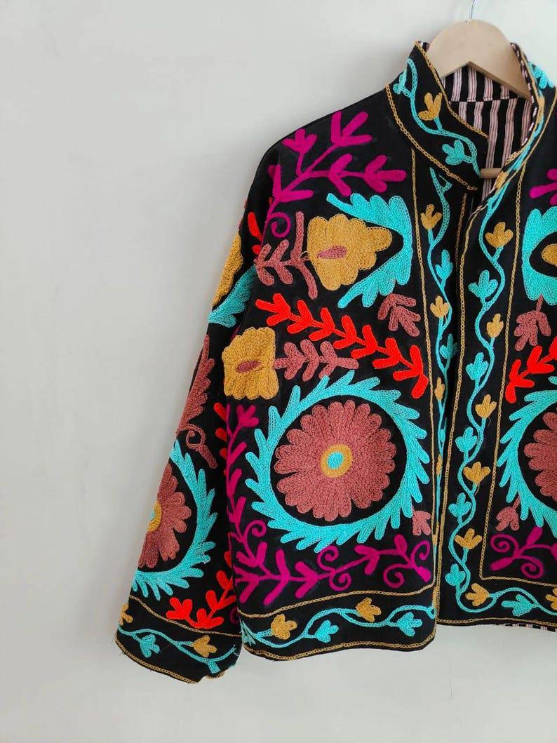 Embroidered Velvet Suzani Jacket | Bohemian Floral Indian Outerwear, Cropped Style Bohozani