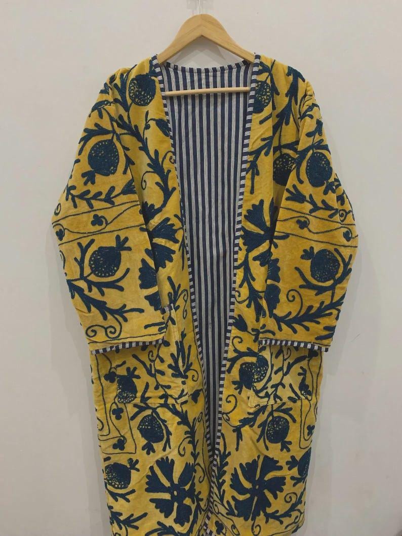 Hand-Embroidered Yellow Velvet Suzani Kimono Robe | Boho Duster Coat Bohozani
