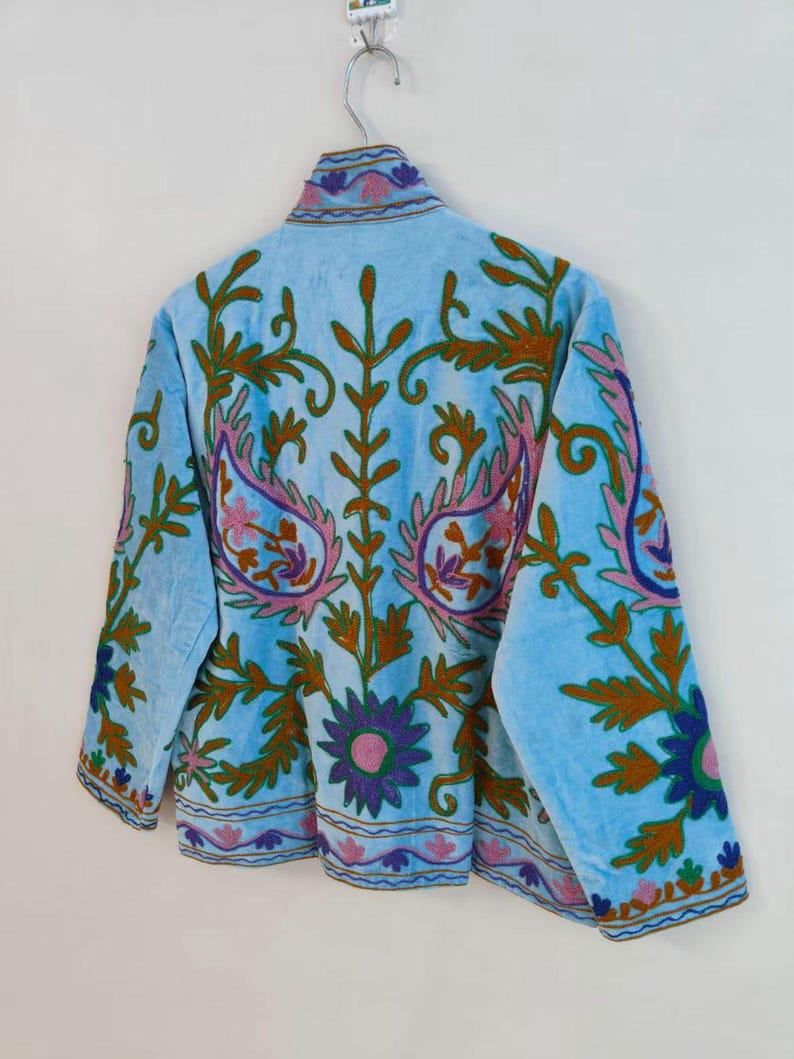 Velvet Suzani Embroidered Jacket | Lightly Padded Cropped Outerwear | Boho Floral Style Bohozani