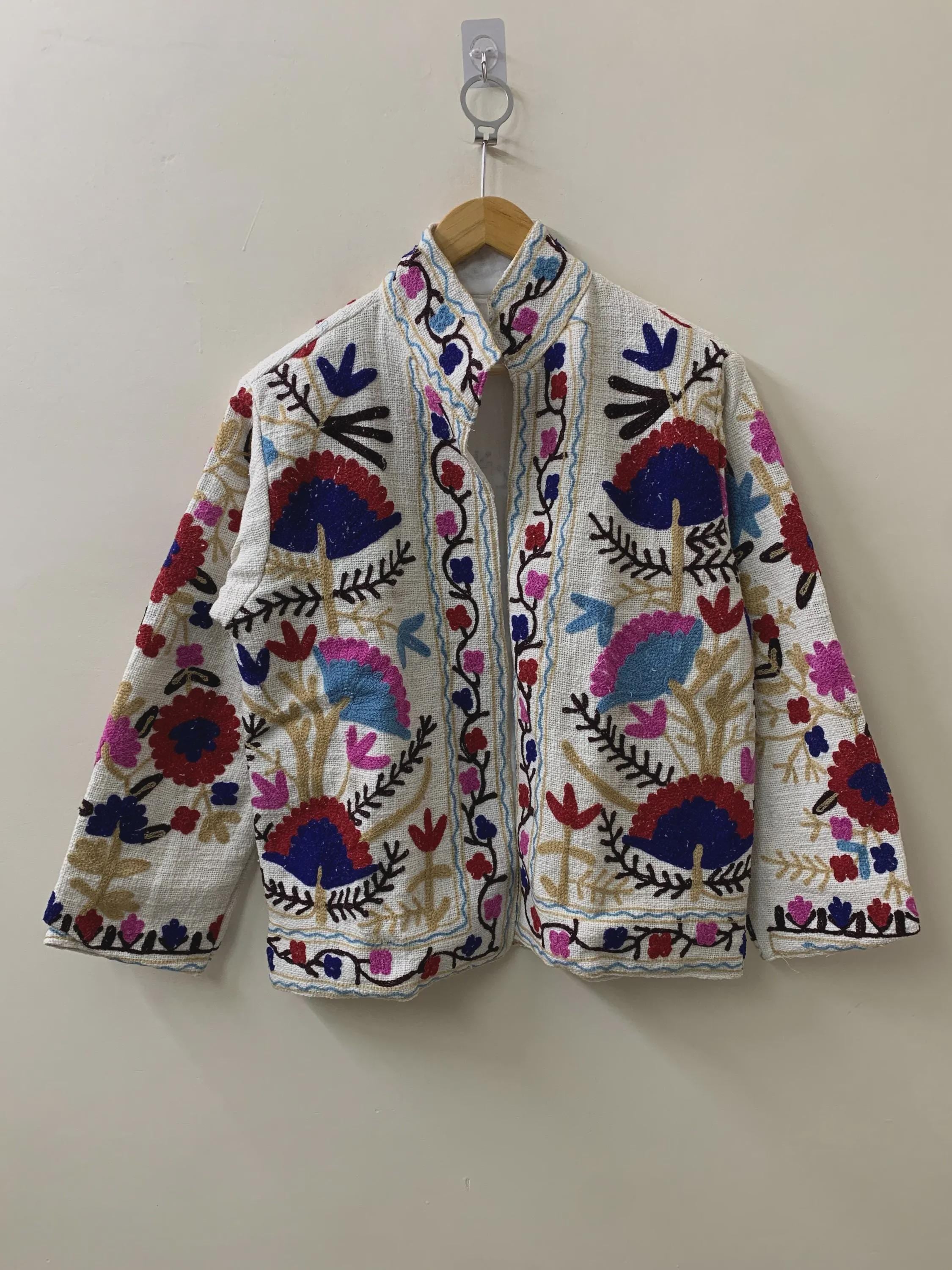 Velvet Suzani Jacket: Embroidered Floral Design, Silk Lined Bohozani