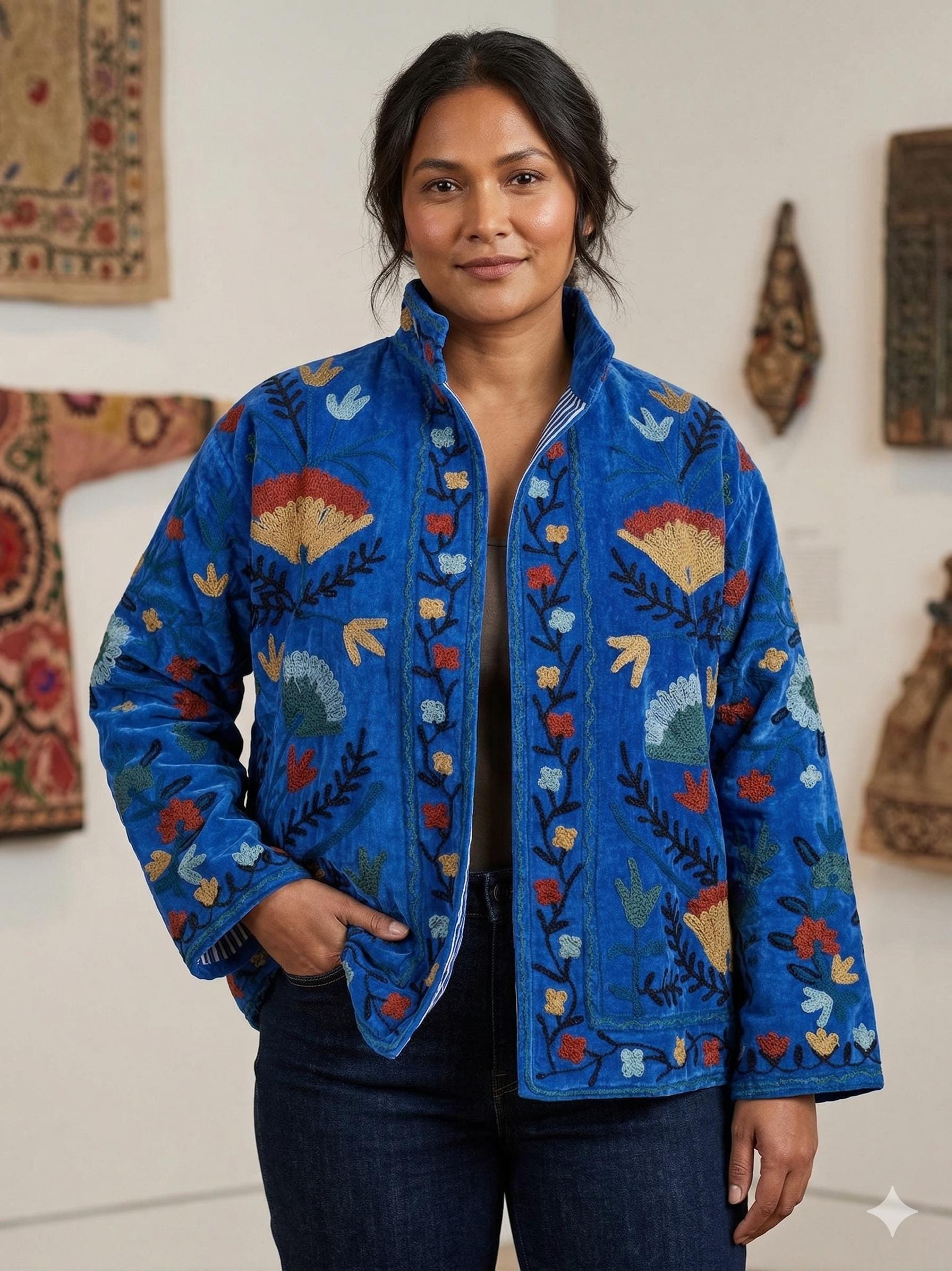 Blue Velvet Suzani Jacket – Hand-Embroidered Boho Ethnic Kimono Outerwear Bohozani