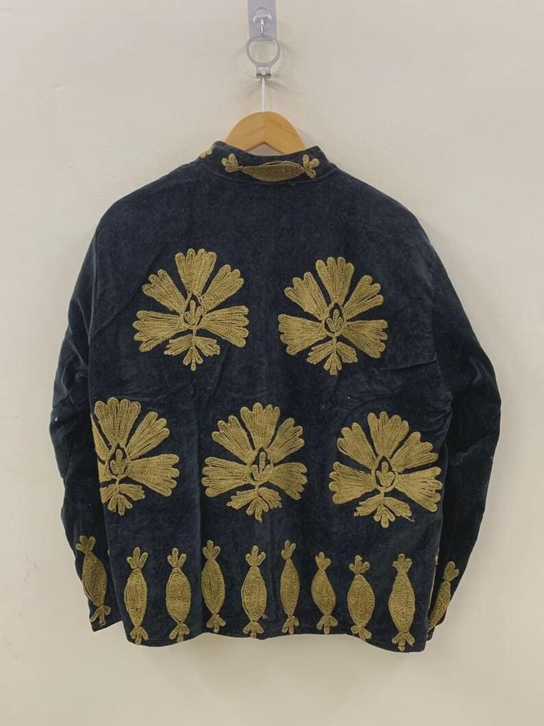Black Velvet Suzani Embroidered Coat | Boho Uzbek Kimono Bohozani