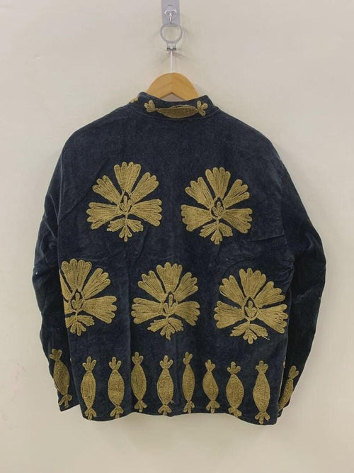 Black Velvet Suzani Embroidered Coat | Boho Uzbek Kimono Bohozani