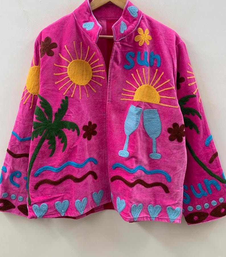 Embroidered Velvet Suzani Jacket | Bohemian Floral Print Coat, Festival Outerwear Bohozani