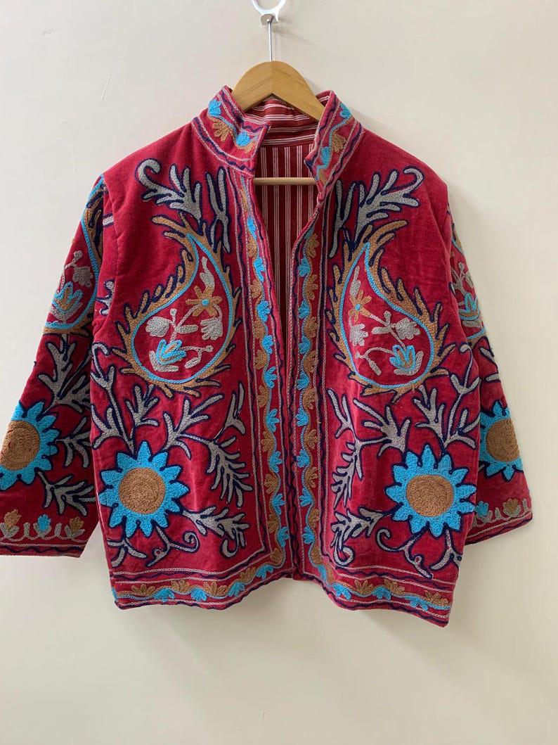 Handmade Velvet Suzani Jacket | Embroidered Floral Uzbek Outerwear Bohozani