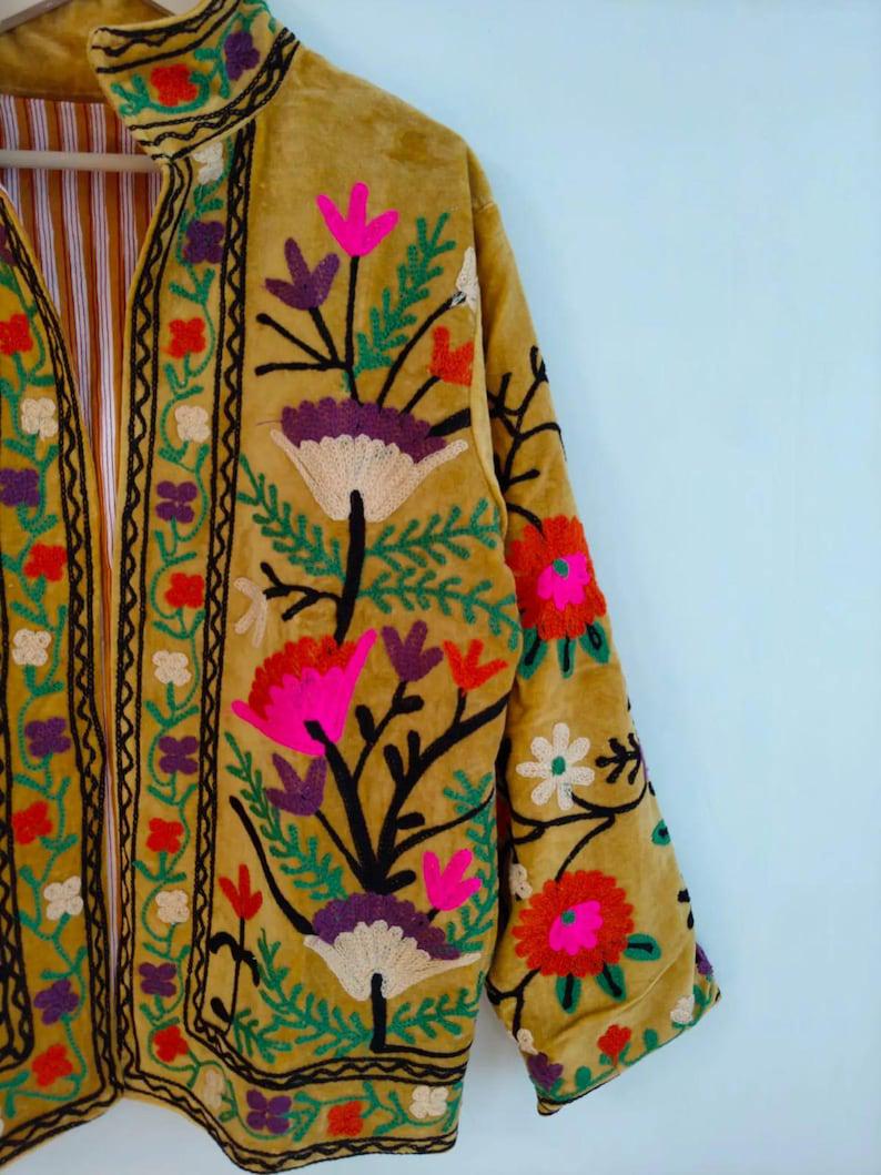 Yellow Velvet Suzani Embroidered Jacket, Boho Floral Ethnic Outerwear Bohozani