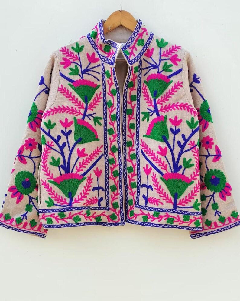 Handmade Cotton Velvet Suzani Embroidered Jacket: Boho Floral Duster Coat Bohozani