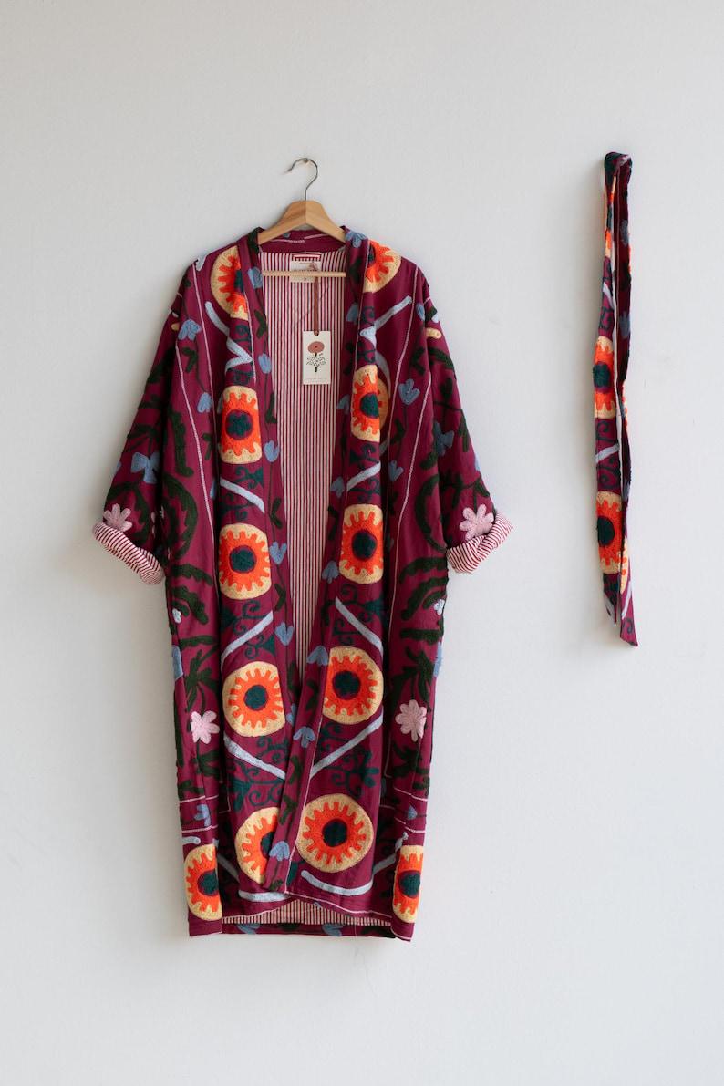 Hand Embroidered Suzani Kaftan – Organic Cotton Boho Kimono Coat Bohozani