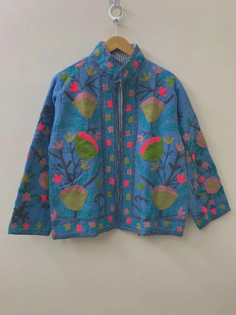 Embroidered Cotton Velvet Suzani Jacket, Bohemian Floral Folk Art Coat Bohozani