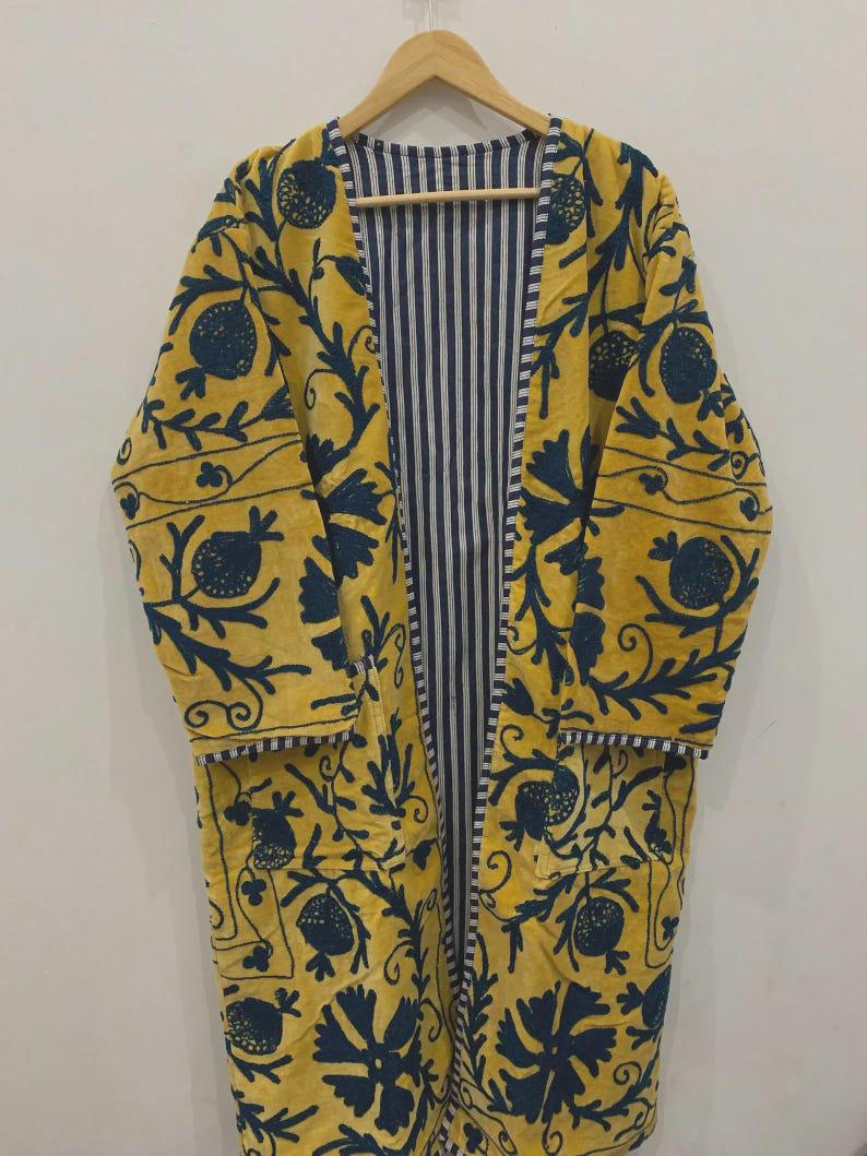 Hand-Embroidered Yellow Velvet Suzani Kimono Robe | Boho Duster Coat Bohozani