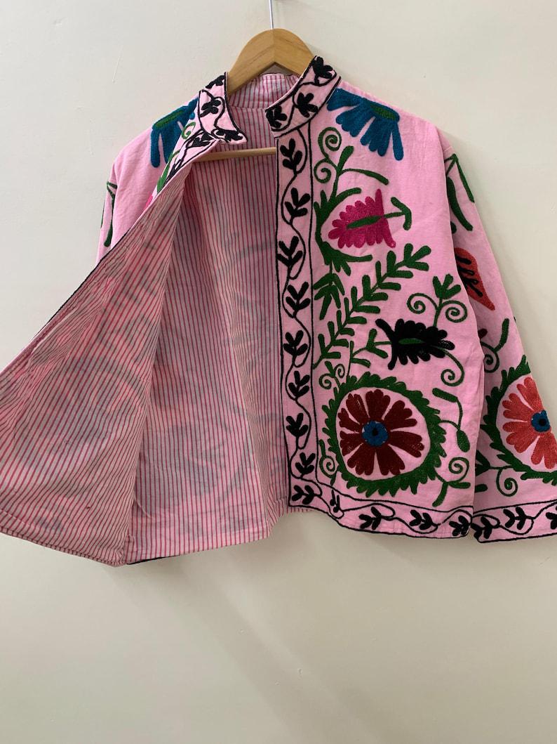 Pink Suzani Embroidered Velvet Jacket – Boho Floral Kimono Coat Bohozani