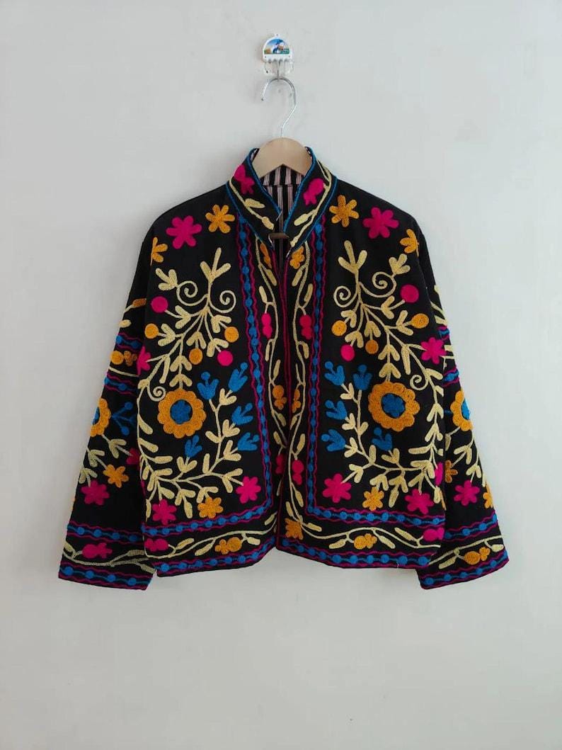 Velvet Suzani Embroidered Cropped Jacket, Boho Floral Ethnic Coat Bohozani