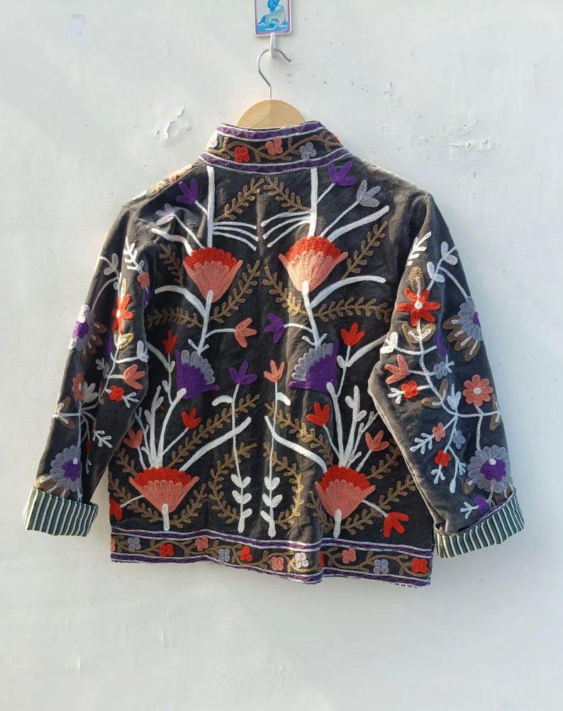 Floral Suzani Velvet Jacket, Vintage Embroidered Ethnic Chic Outerwear Bohozani