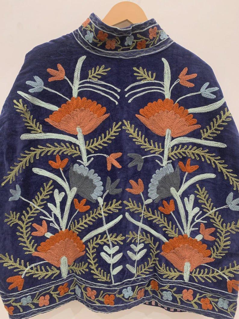 Antique Blue Color Velvet Suzani Jacket – Hand-Embroidered Boho Ethnic Kimono Outerwear Bohozani