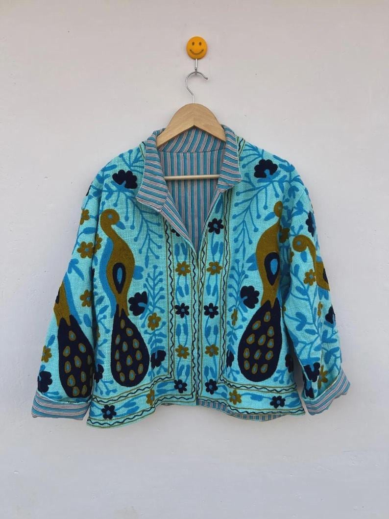 Peacock Embroidered Suzani Jacket | Vibrant Boho Duster | Gift For Her Bohozani