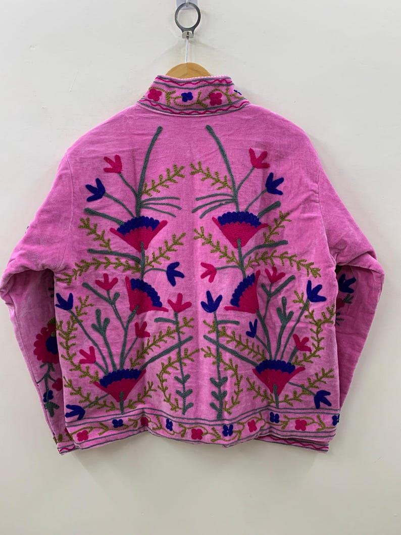 Unique Handmade Floral Pink Velvet Suzani Embroidered Jacket Bohozani