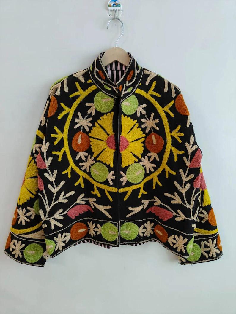 Black Suzani Velvet Jacket, Vintage Boho Floral Embroidered Coat, Ethnic Chic Outerwear Bohozani