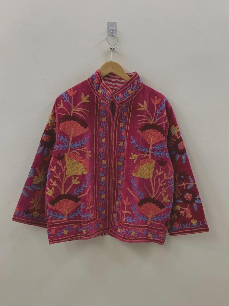 Embroidered Velvet Kimono Jacket | Suzani Floral Boho Outerwear Bohozani