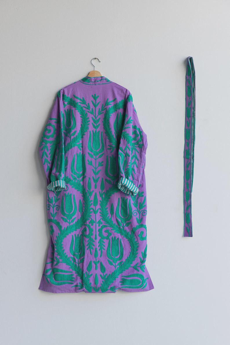 Hand-Embroidered Velvet Suzani Kimono Robe | Purple Floral Boho Duster Jacket Bohozani