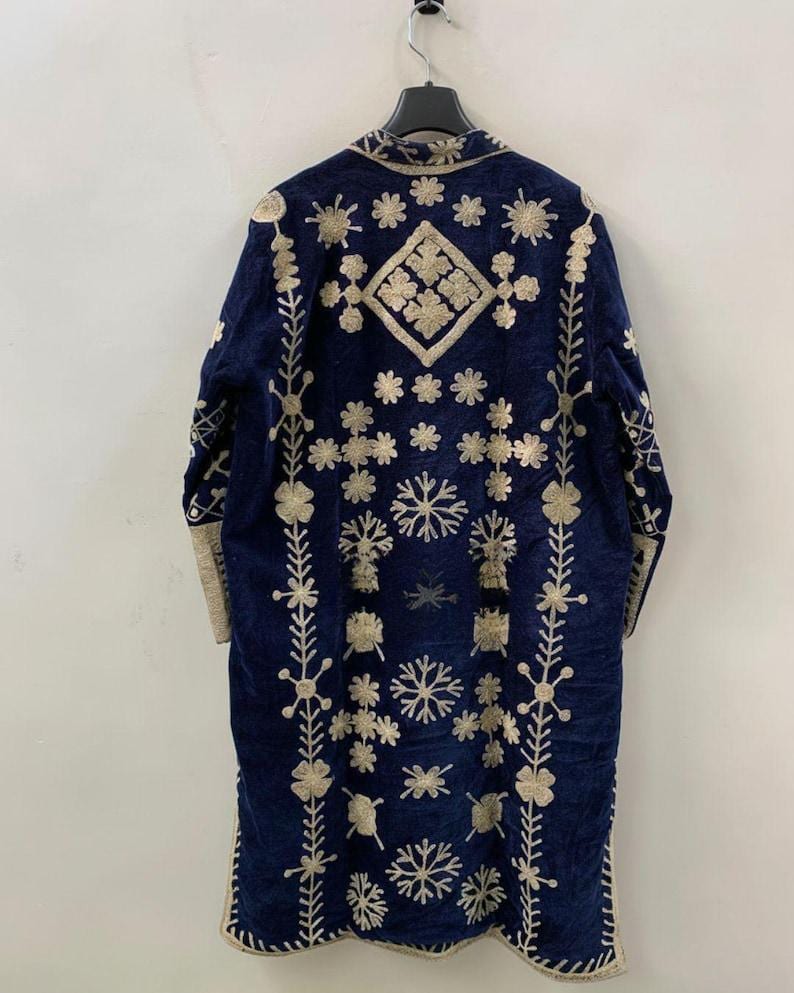 Blue Velvet Suzani Kimono Jacket | Hand-Embroidered Boho Coat, Uzbek Duster, Belted Kaftan Robe Bohozani