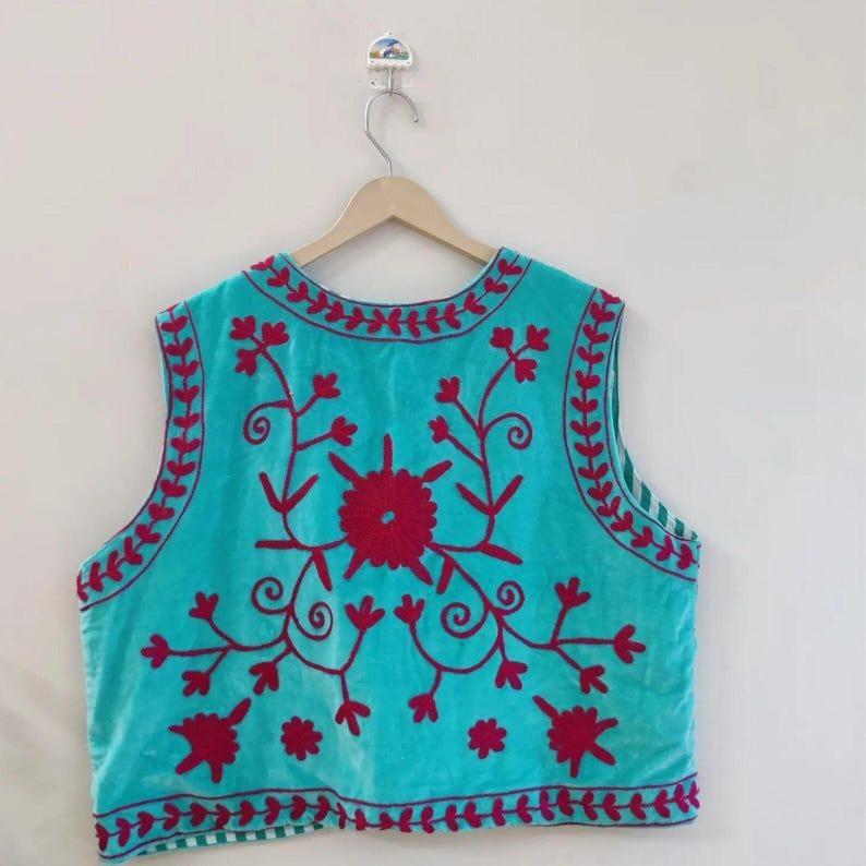 Blue Suzani Velvet Vest | Boho Floral Embroidered Waistcoat | Ethnic Gilet Bohozani