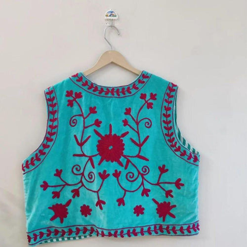 Blue Suzani Velvet Vest | Boho Floral Embroidered Waistcoat | Ethnic Gilet Bohozani