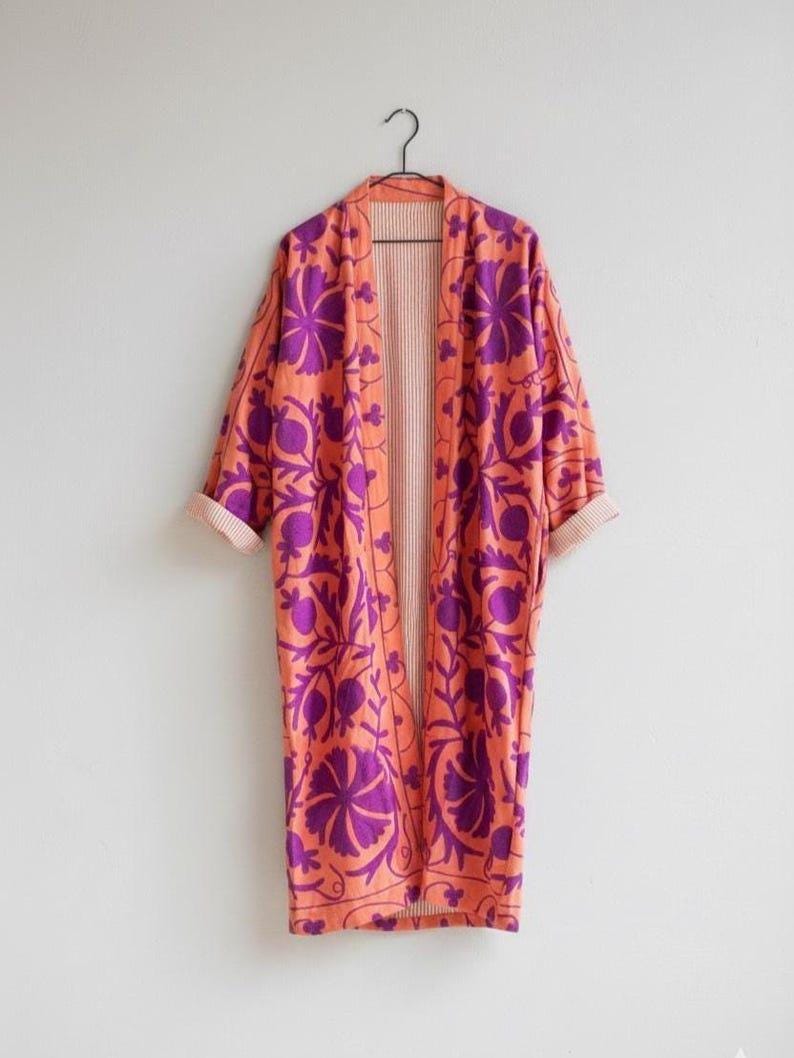 Velvet Suzani Kimono Jacket | Hand-Embroidered Boho Coat, Ethnic Uzbek Duster Bohozani