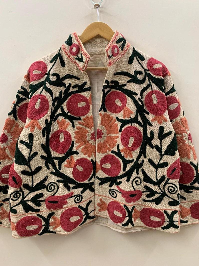 Bohemian Suzani Embroidered Cotton Jacket, Floral Overcoat Bohozani