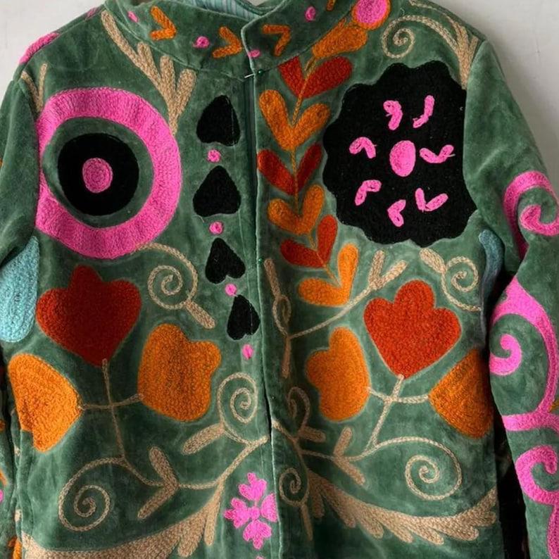 Green Velvet Suzani Embroidered Jacket | Boho Floral Cropped Coat Bohozani