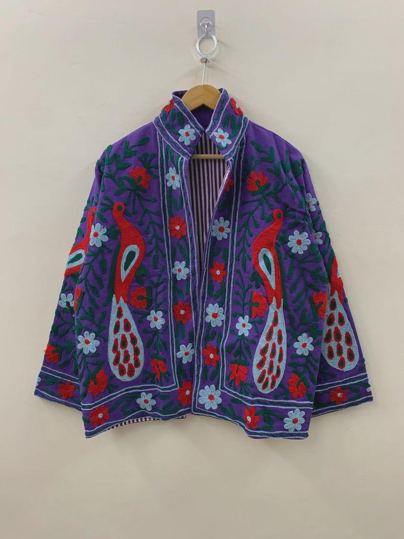 Purple Velvet Suzani Embroidered Jacket | Peacock Floral Coat Bohozani