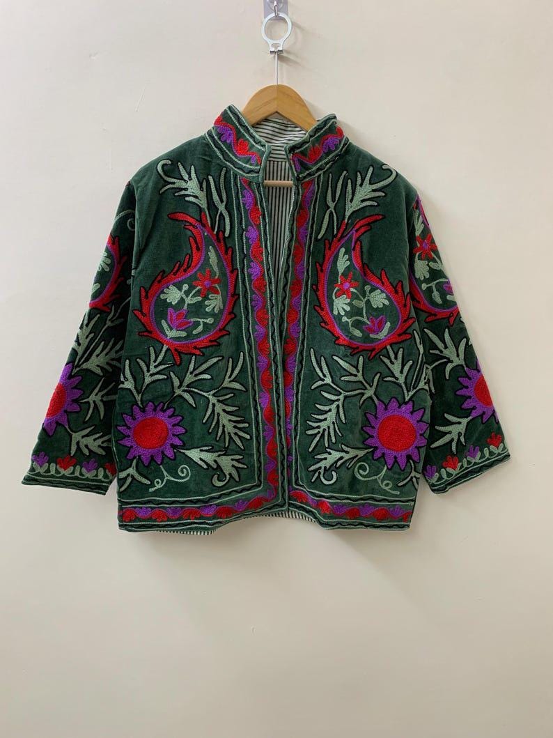Green Velvet Floral Suzani Jacket | Uzbek Embroidered Coat, Festival Outerwear Bohozani