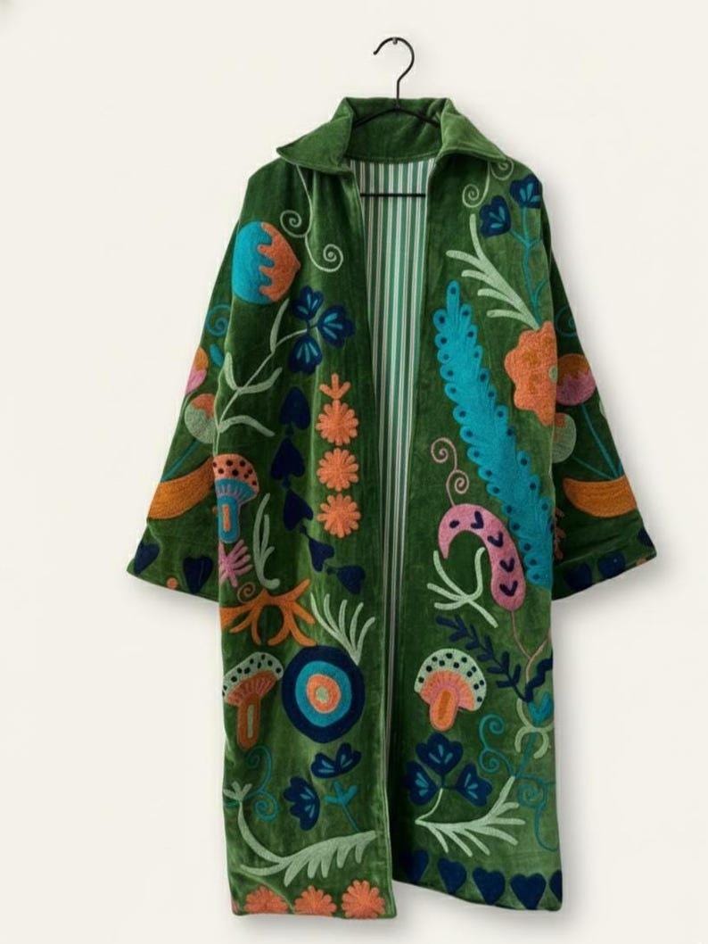 Hand-Embroidered Velvet Suzani Kimono Robe | Purple Floral Boho Duster Jacket Bohozani