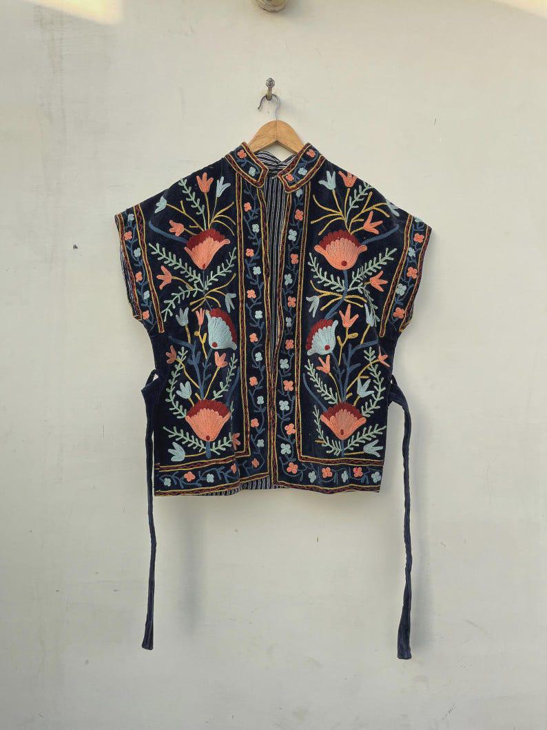 Black Velvet Suzani Embroidered Vest with Belt | Boho Festival Waistcoat Jacket Bohozani