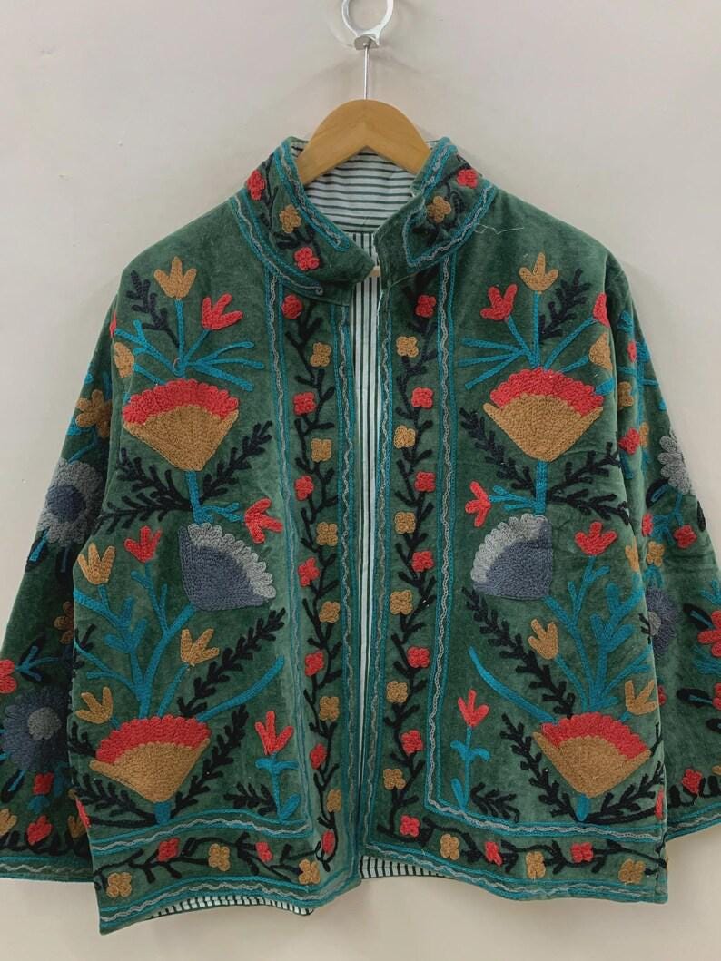 Green Handmade Floral Velvet Suzani Embroidered Jacket Bohozani