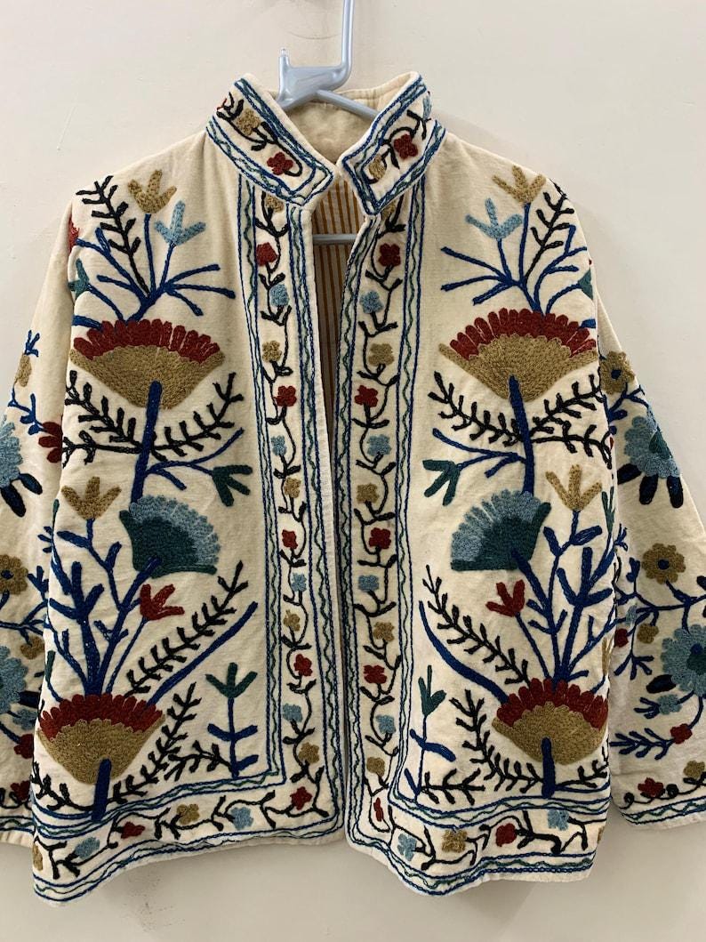 White Velvet Suzani Jacket – Hand-Embroidered Boho Ethnic Kimono Outerwear Bohozani