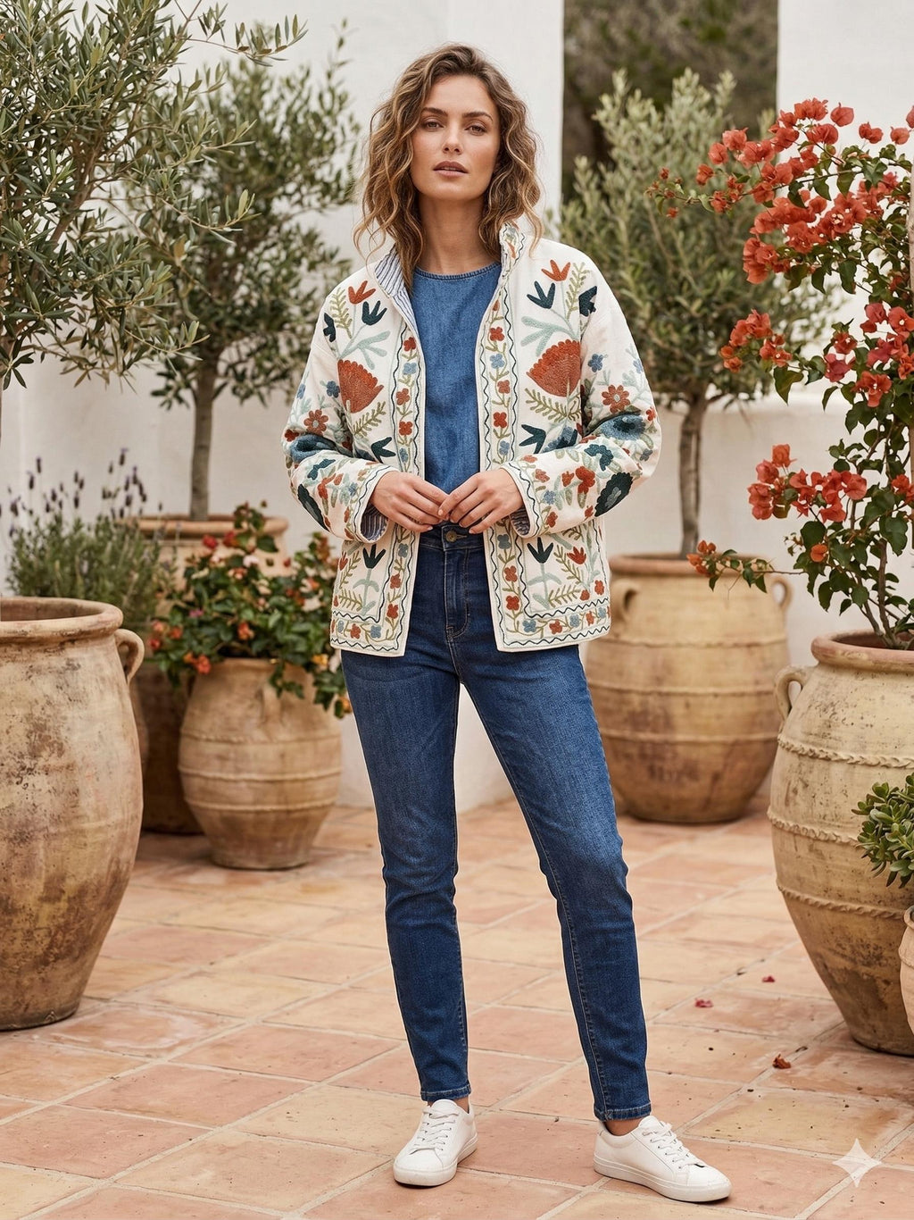 White Handmade Suzani Embroidered Cotton Jacket, Boho Kimono Robe Bohozani