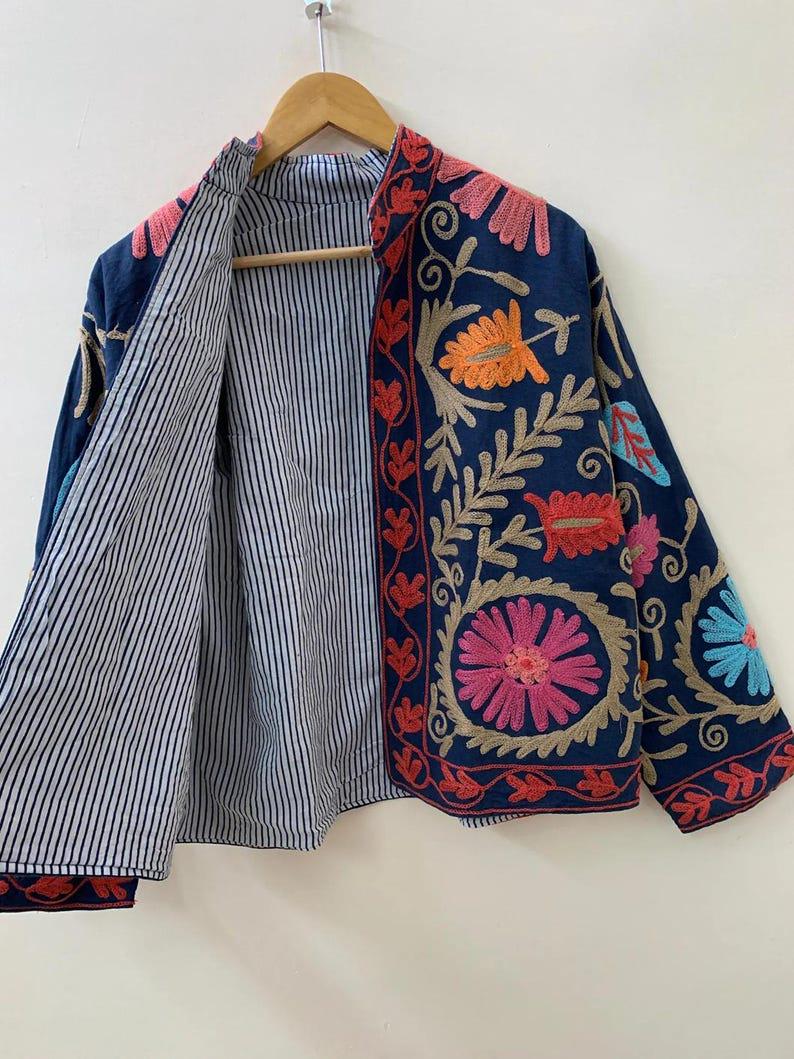 Embroidered Suzani Suede Jacket, Bohemian Floral Folk Art Coat Bohozani