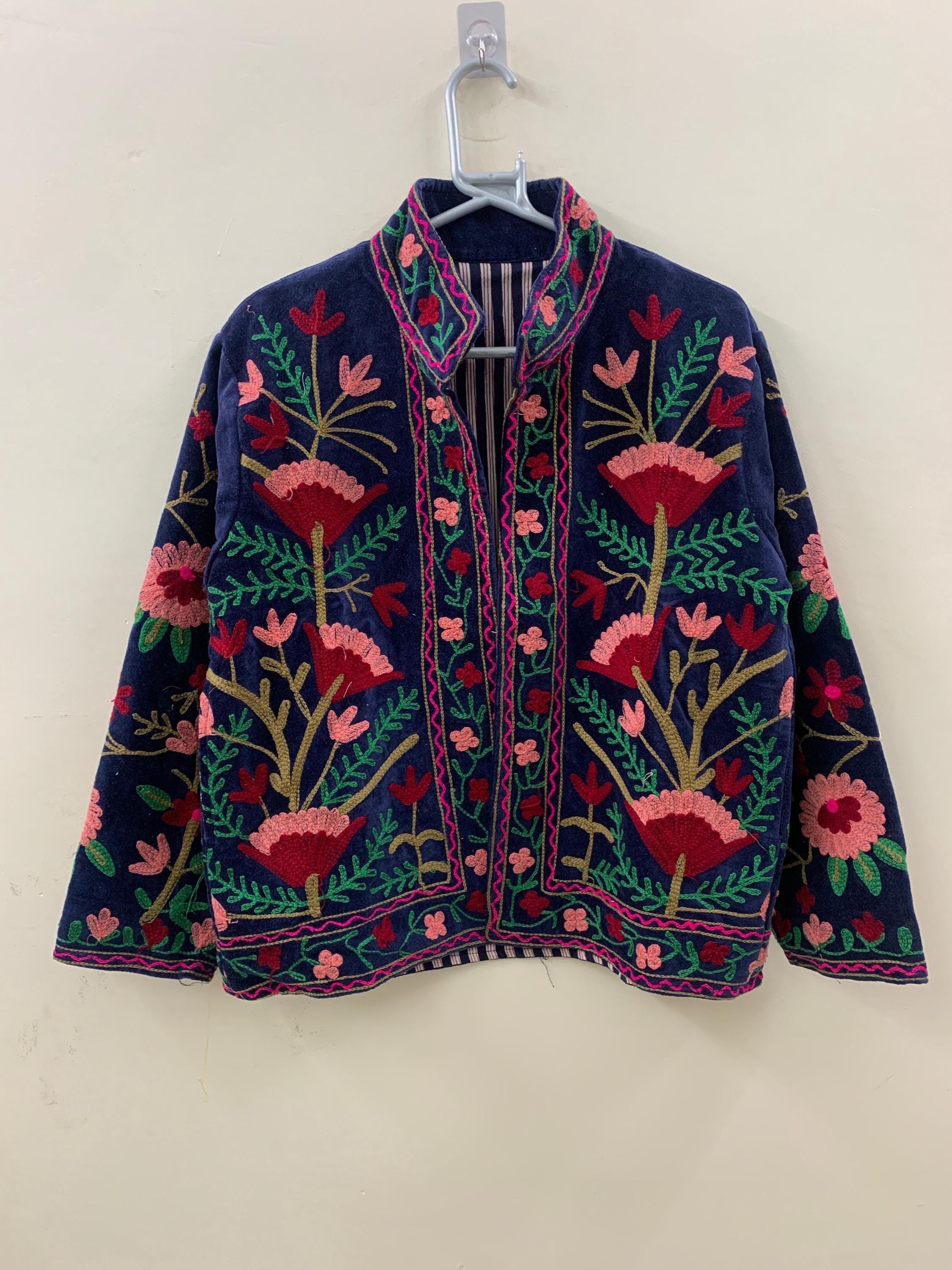 Handmade Velvet Suzani Jacket, Floral Embroidered Bohemian Kimono Coat Bohozani