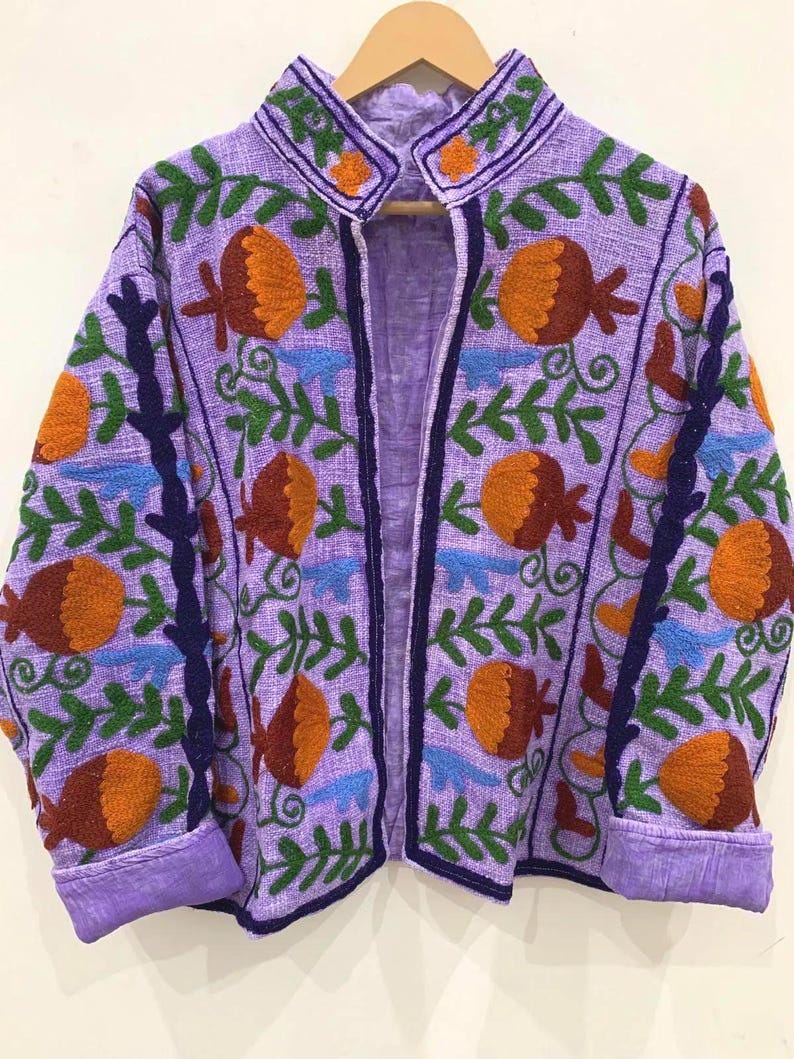 Embroidered Cotton Velvet Jacket | Floral Folk Art Boho Style Coat Bohozani