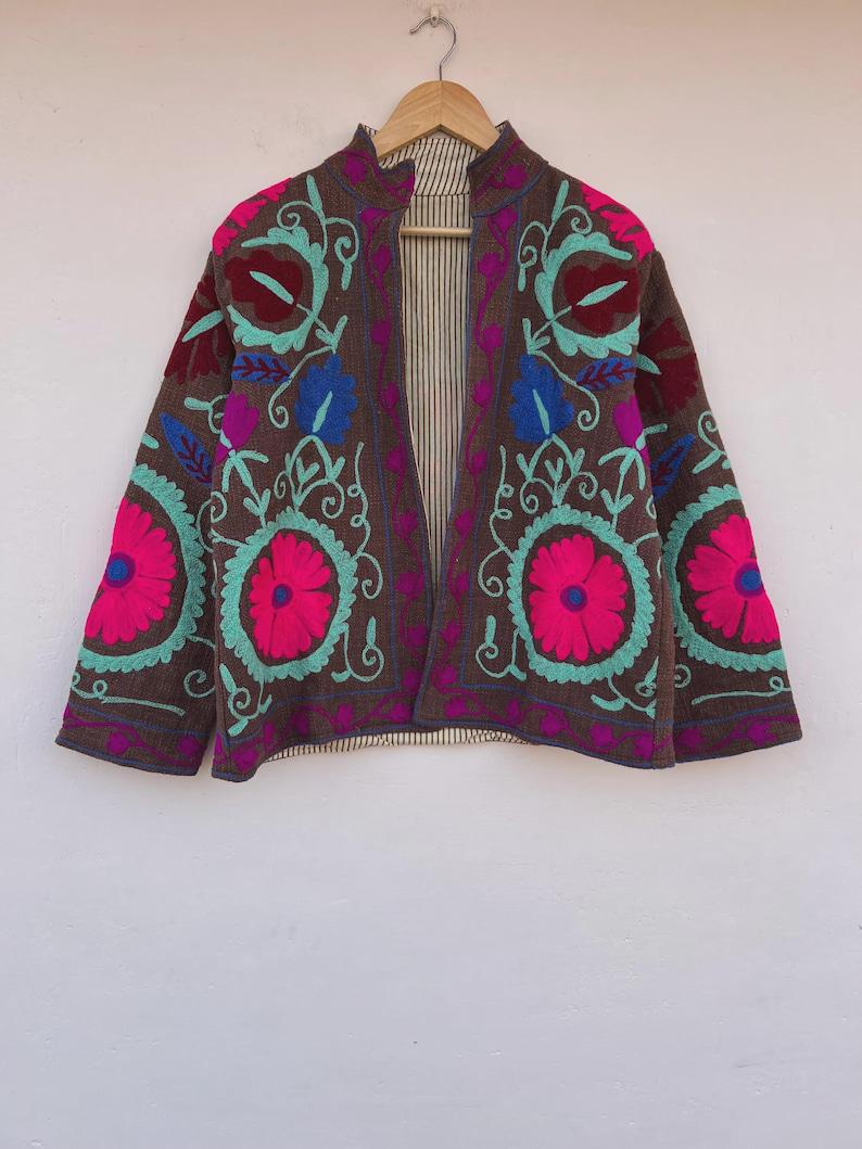 Embroidered Cotton Velvet Jacket | Floral Folk Art Boho Coat Bohozani