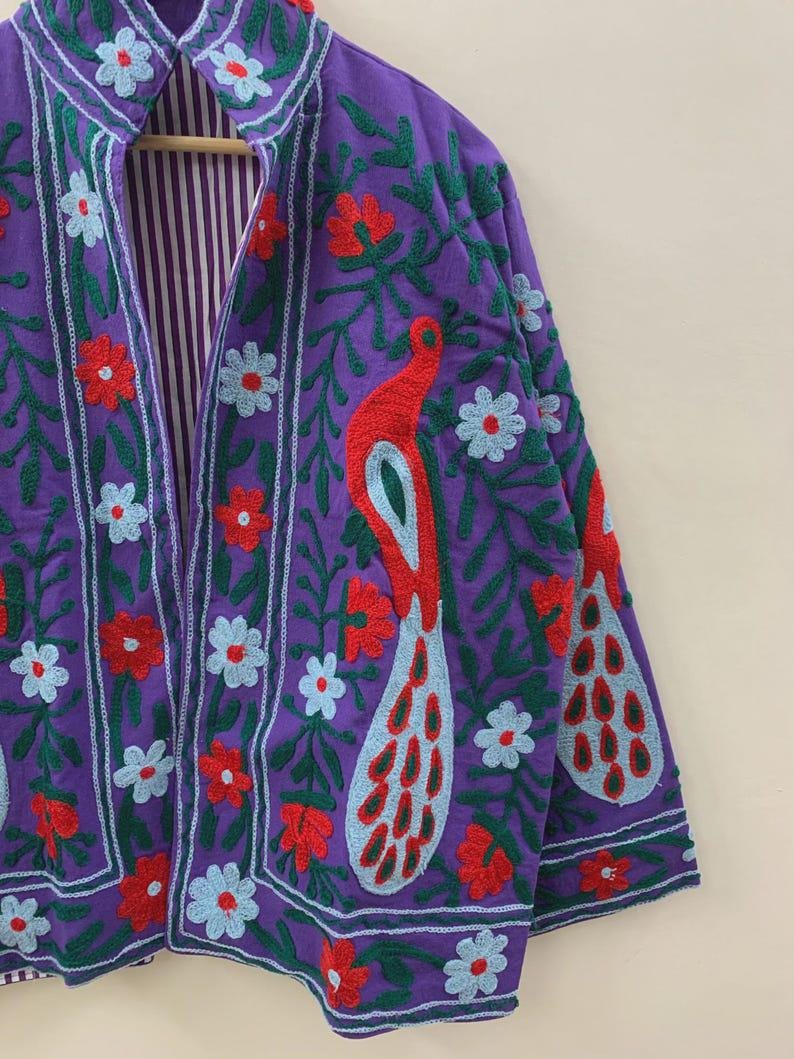 Purple Velvet Suzani Embroidered Jacket | Peacock Floral Coat Bohozani