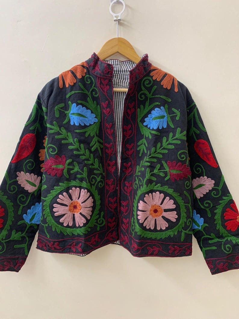 Handmade Suzani Embroidered Cotton Jacket, Bohemian Floral Coat Bohozani